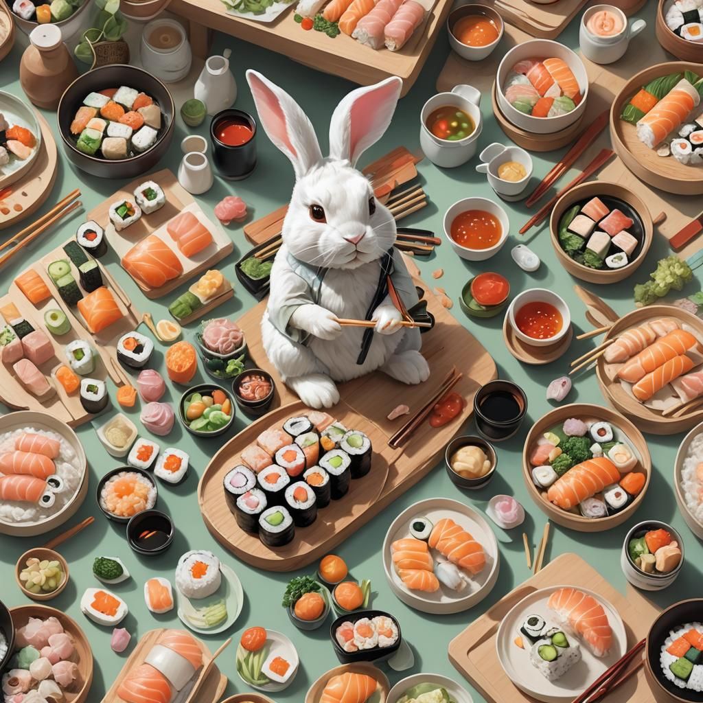 Rabbit Chef Making Sushi: Digital Illustration