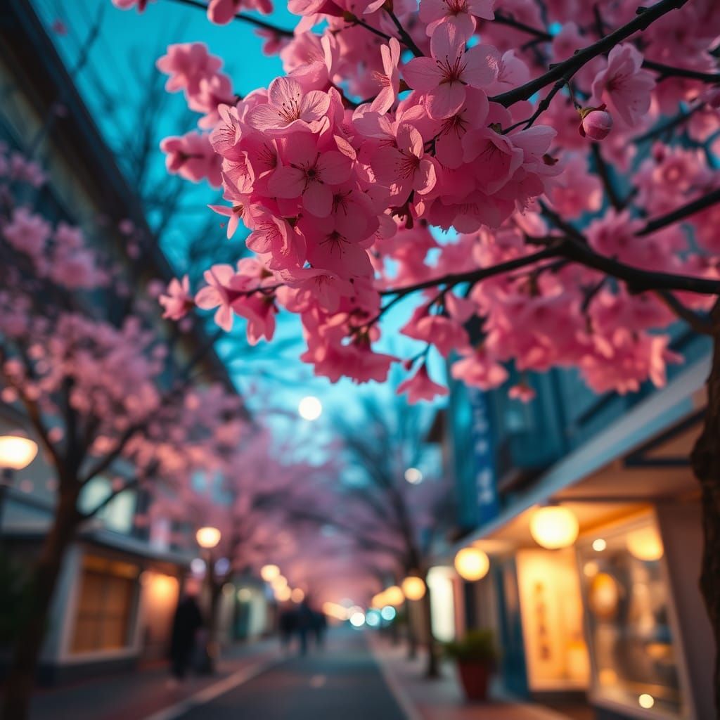 Dreamlike Cherry Blossom Street Scene in Low-Poly Art