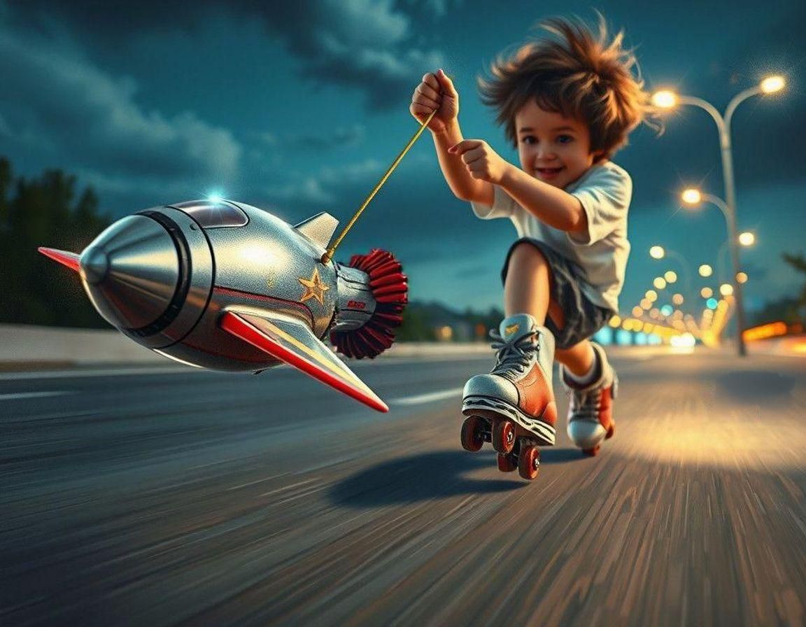 Pulled by mini rocket ship skating   by @David Myers