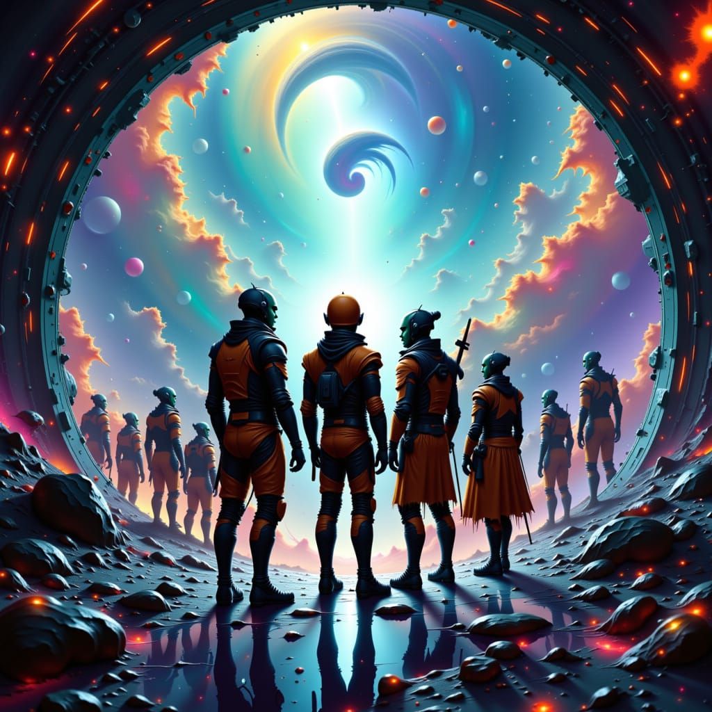 Digital matte painting. A diverse crew of explorers, each from a different alien species, stand on the bridge of a sleek, advanced starship,...