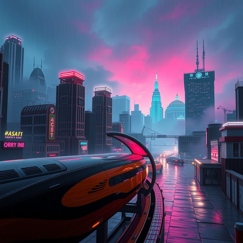 a sci-fi apartment in a futuristic 
city with monorail and m...