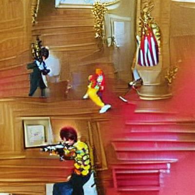 Ronald McDonald with a gun fearlessly defending the oval off...