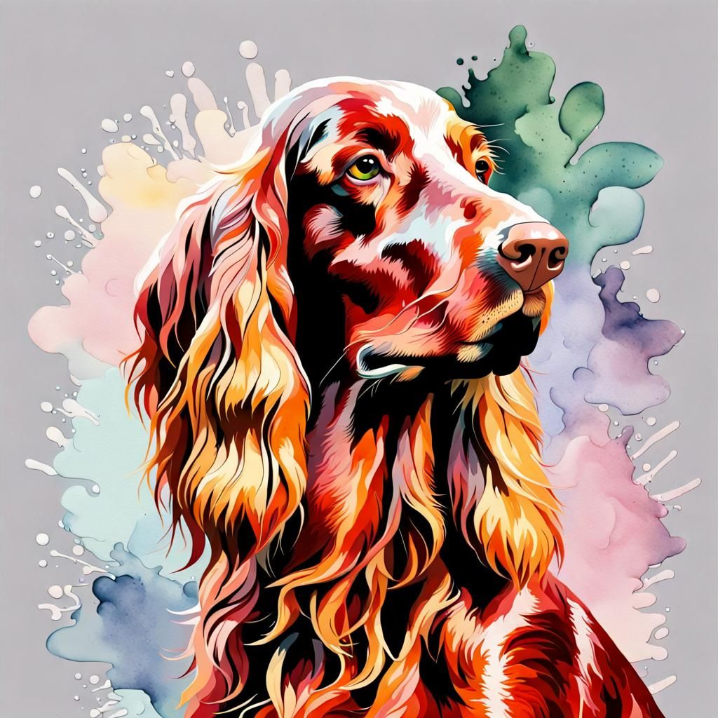 A water marbled Irish Setter with soft pastel colors, 8k res...