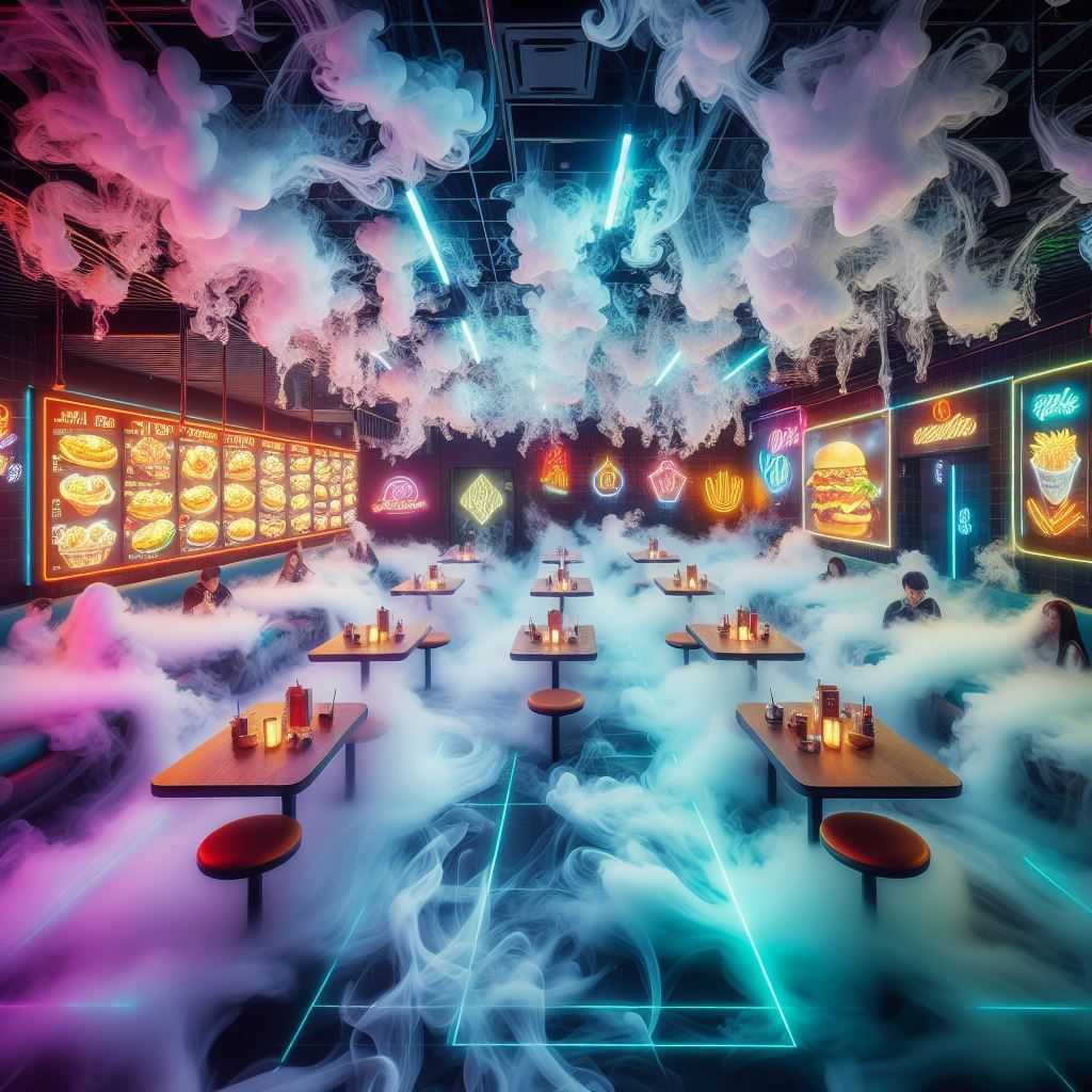 Futuristic fast food restaurant with ethereal wisps of smoke as food