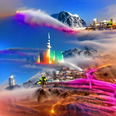 astronaut futuristic city mountains and rainbow smoke 8K 3D ...