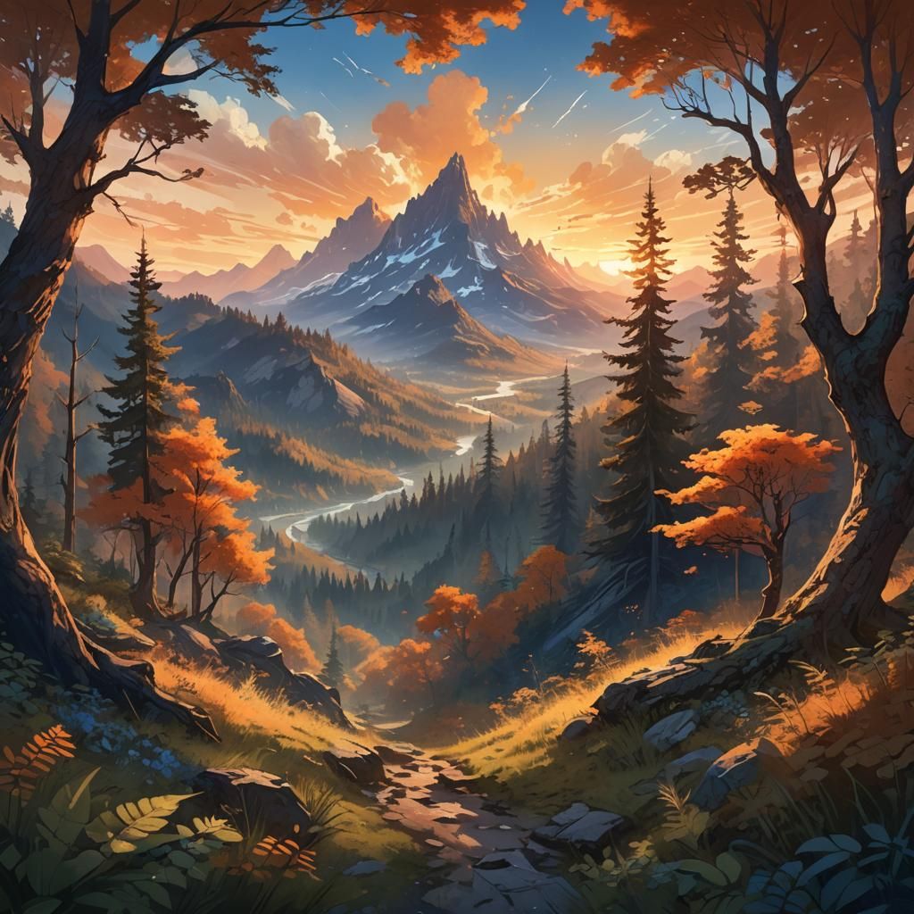 The sunset over a summer forest with mountains on the horizon