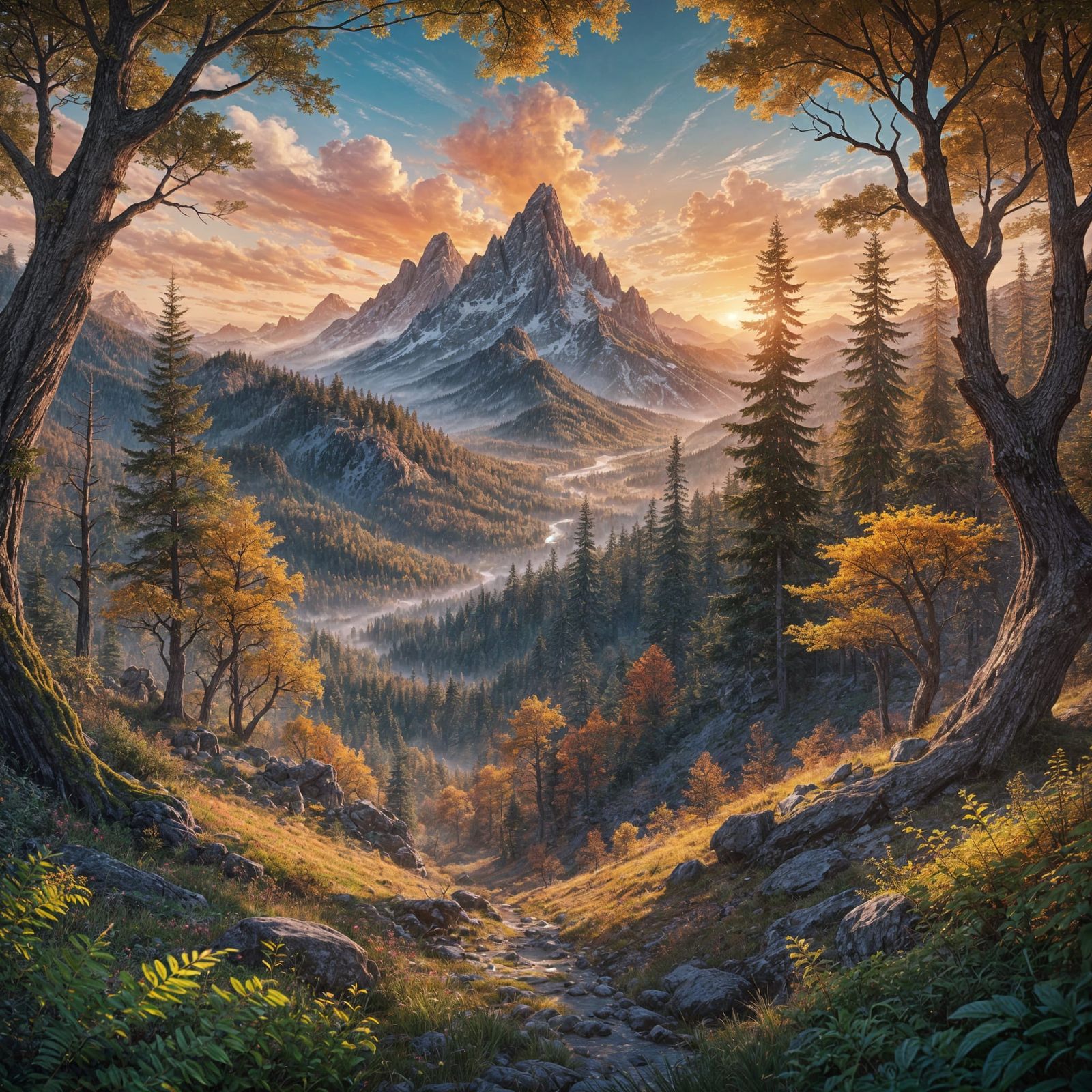 The sunset over a summer forest with mountains on the horizon  by @not for you