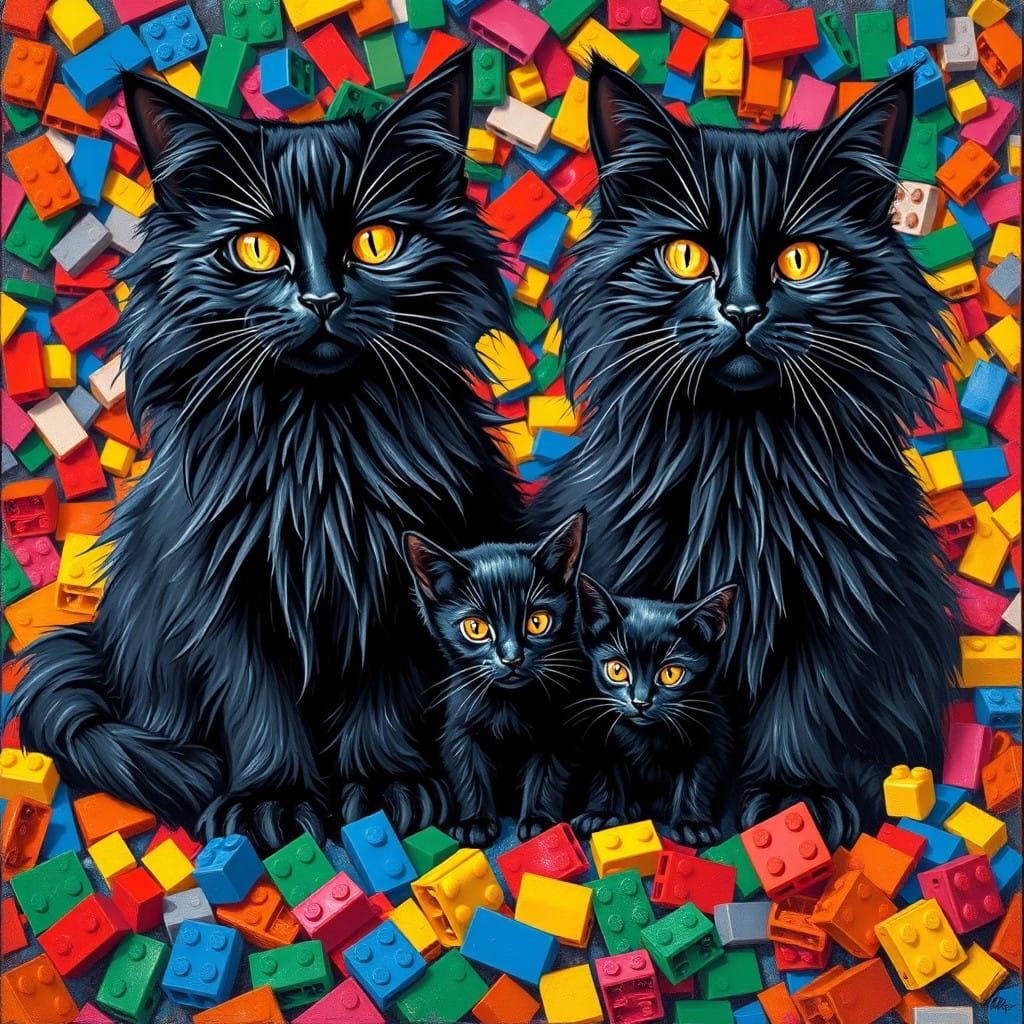 Vibrant Family of Black Cats in Joyful Chaos, Impasto Oil Pa...