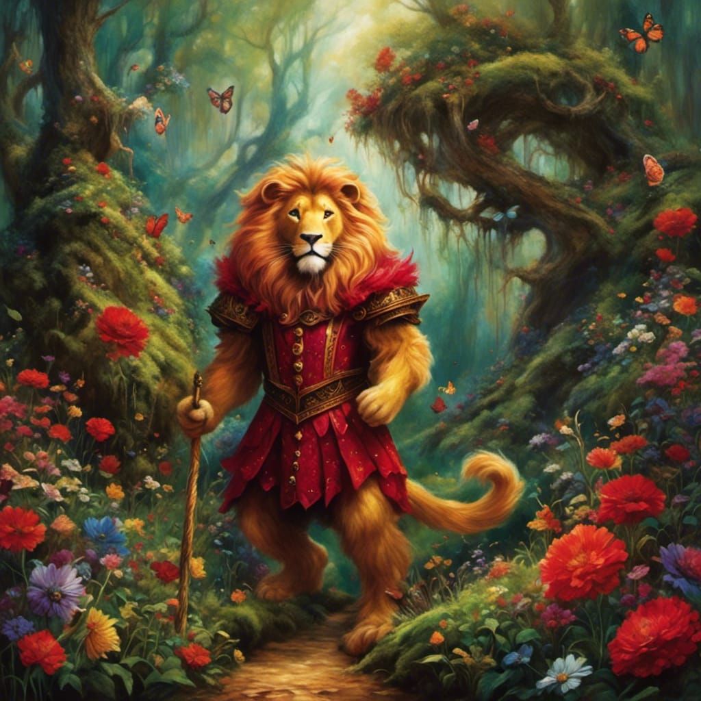 <lora:DarkSurreal:1.0> The cowardly lion wearing the ruby red shoes and feeling pretty.