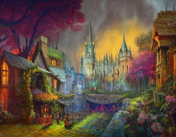 Enchanting Medieval Magic City Painting with Ethereal Mist