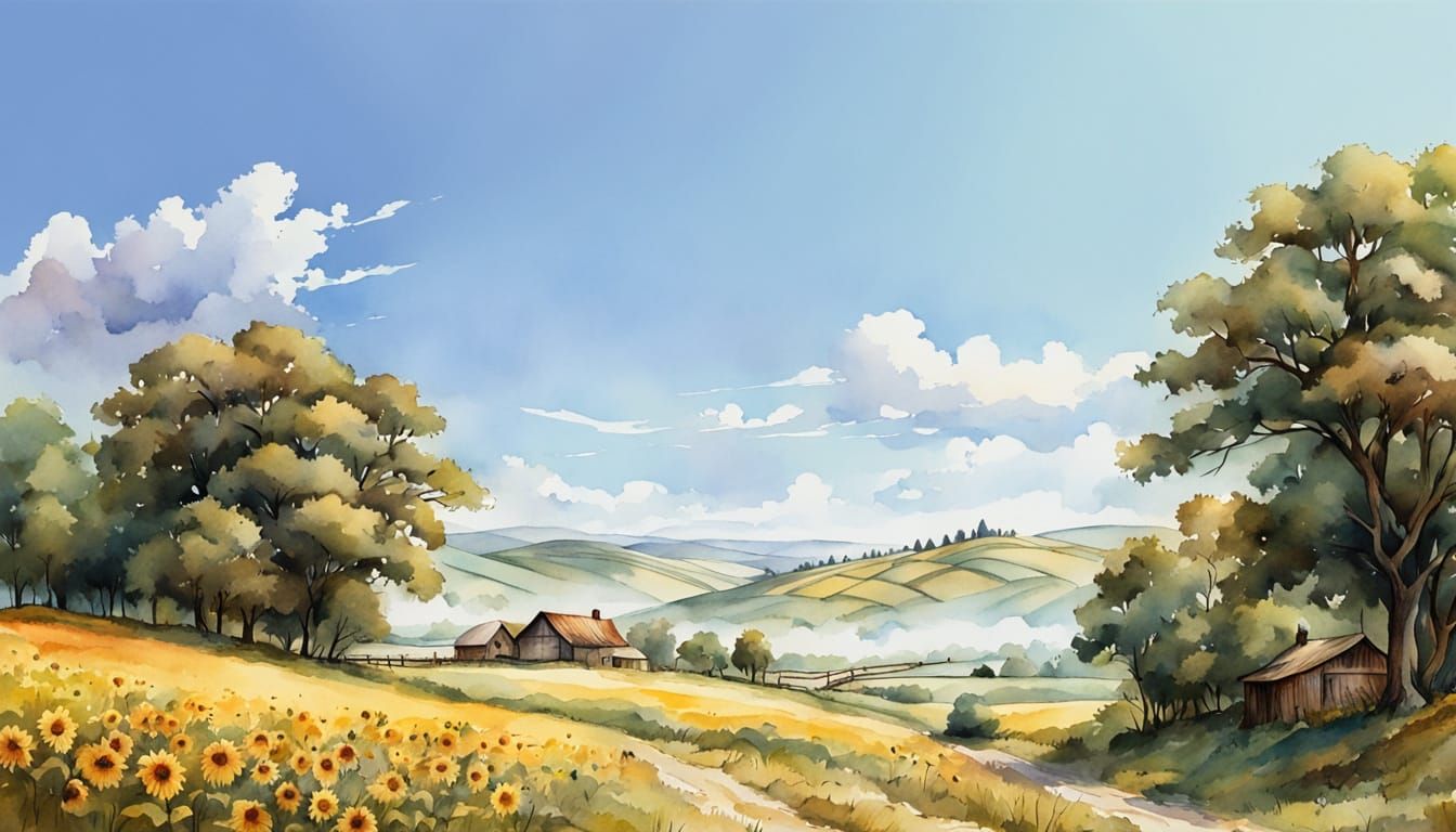 Whimsical Watercolor Village Amidst Rolling Hills