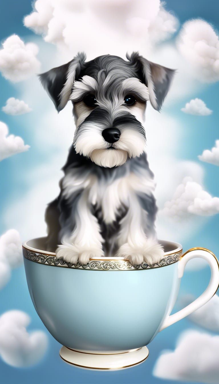 """cute schnauzer puppy in a tea cup, intricate white German...