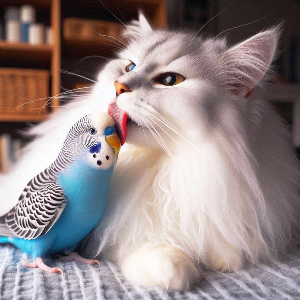 an adorable angora cat and australian parakeet