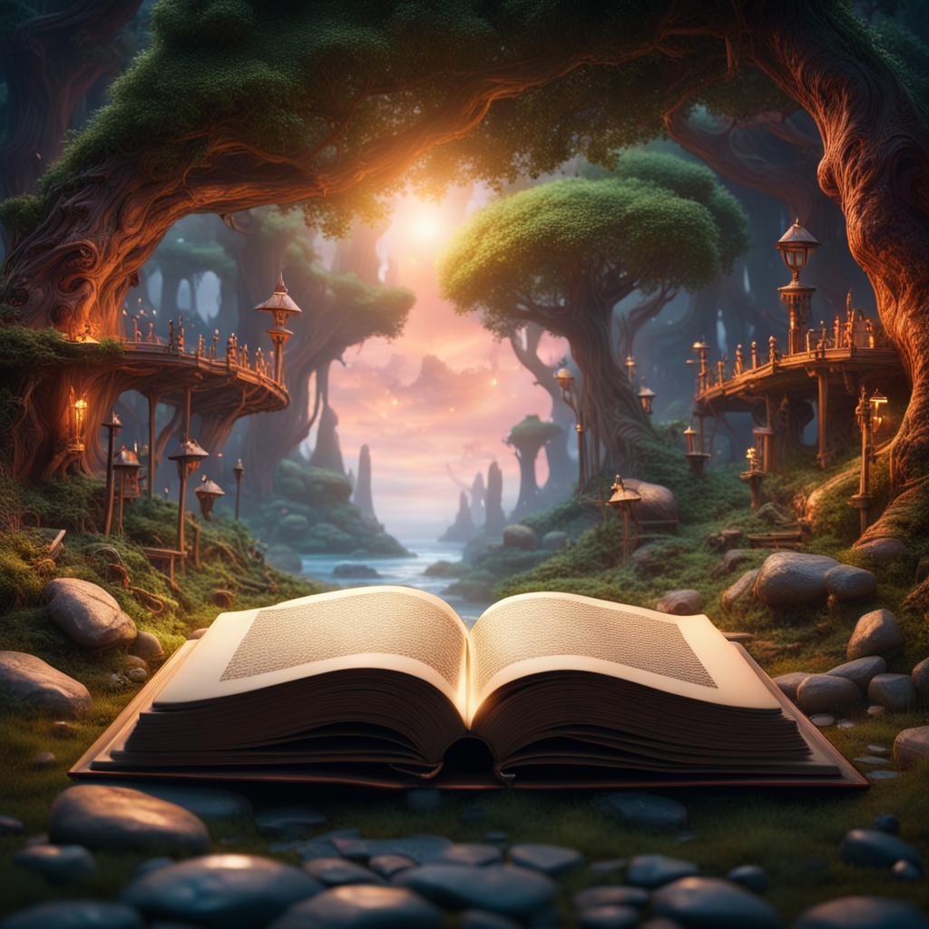 magical open book with a miniature fantasy world inside of i...