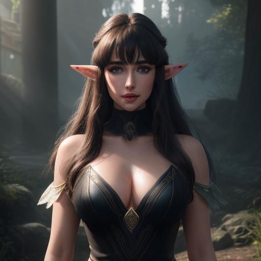 A close-up of a female elf like ana de armas, long pointy ea...