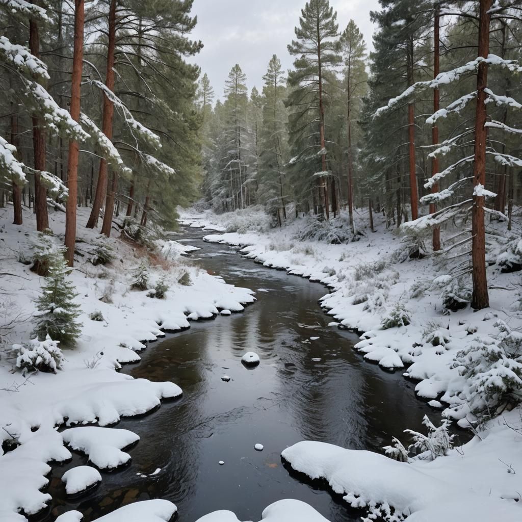 Creek bordered by snow covered pines, lightly snowing, pale ...