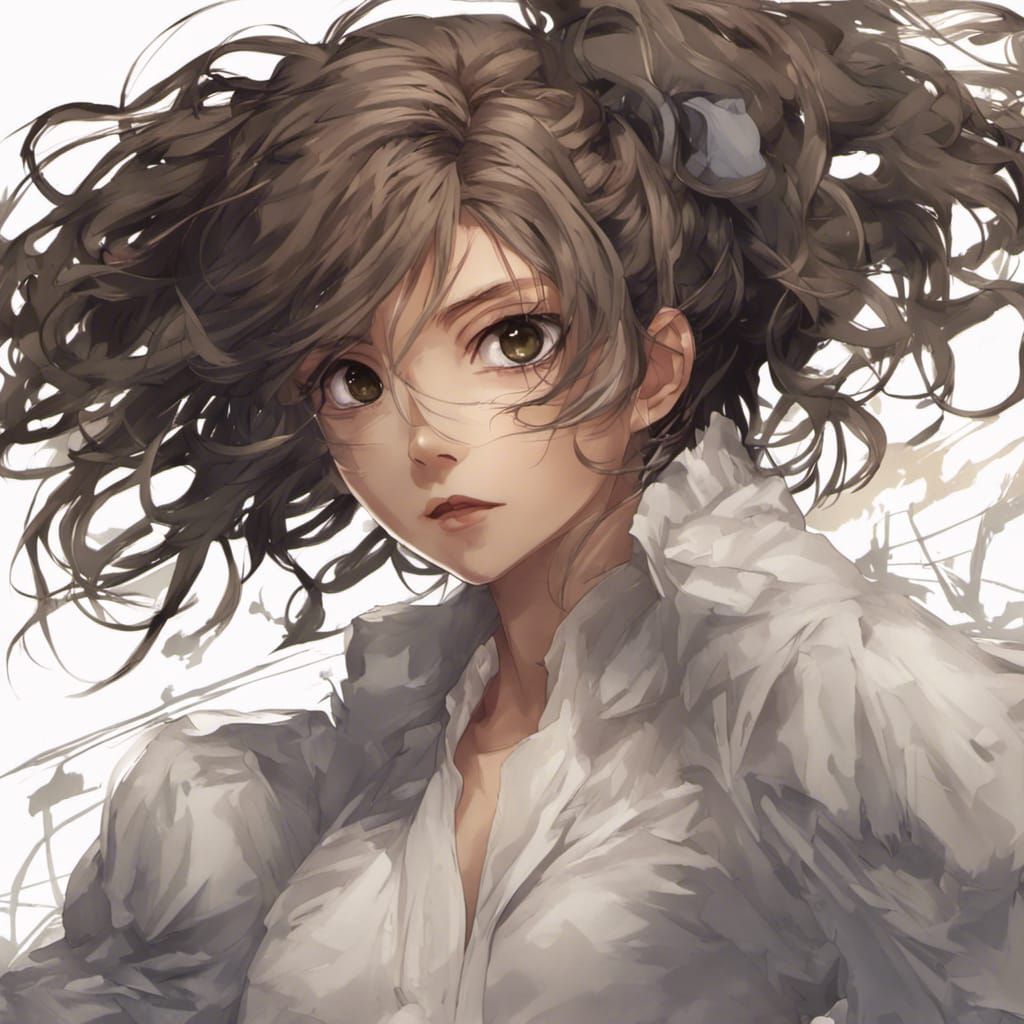 Menina de cabelo escuro, volumoso e ondulado, olhos castanho