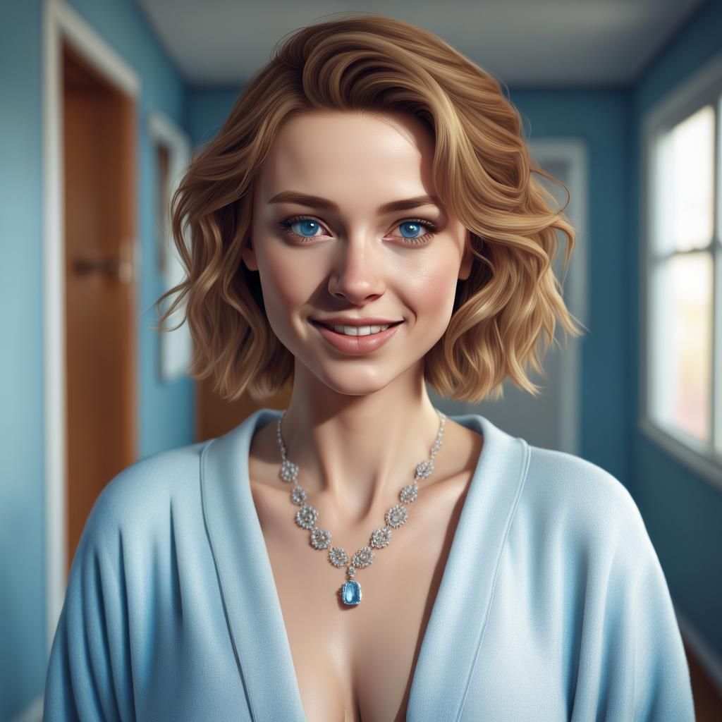 beautiful cute 20 year old woman. standing in hallway of her