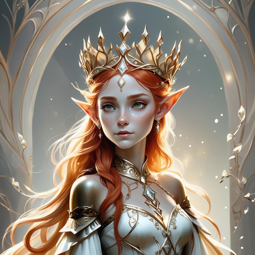 Elf with Gold red hair intricate white diamond crown.
