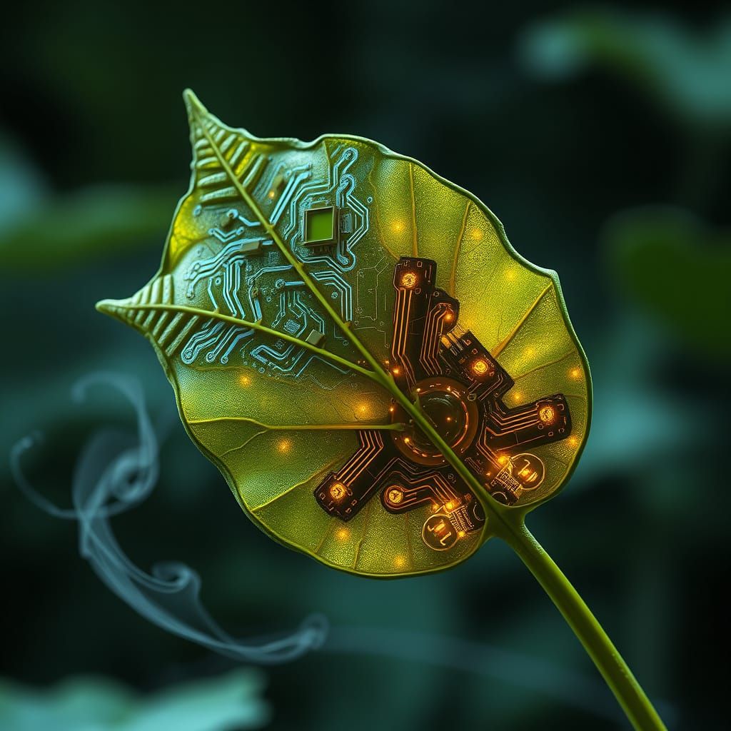 Organic technology concept art. A close-up of a single, oversized leaf that has been transformed into a functional, intricate piece of tech.