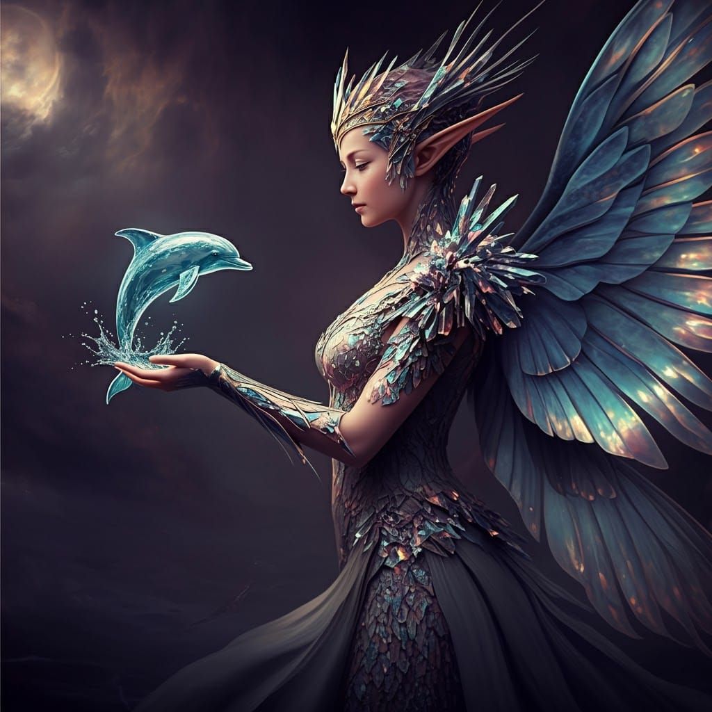 Winged Elf Queen with Water Dolphin