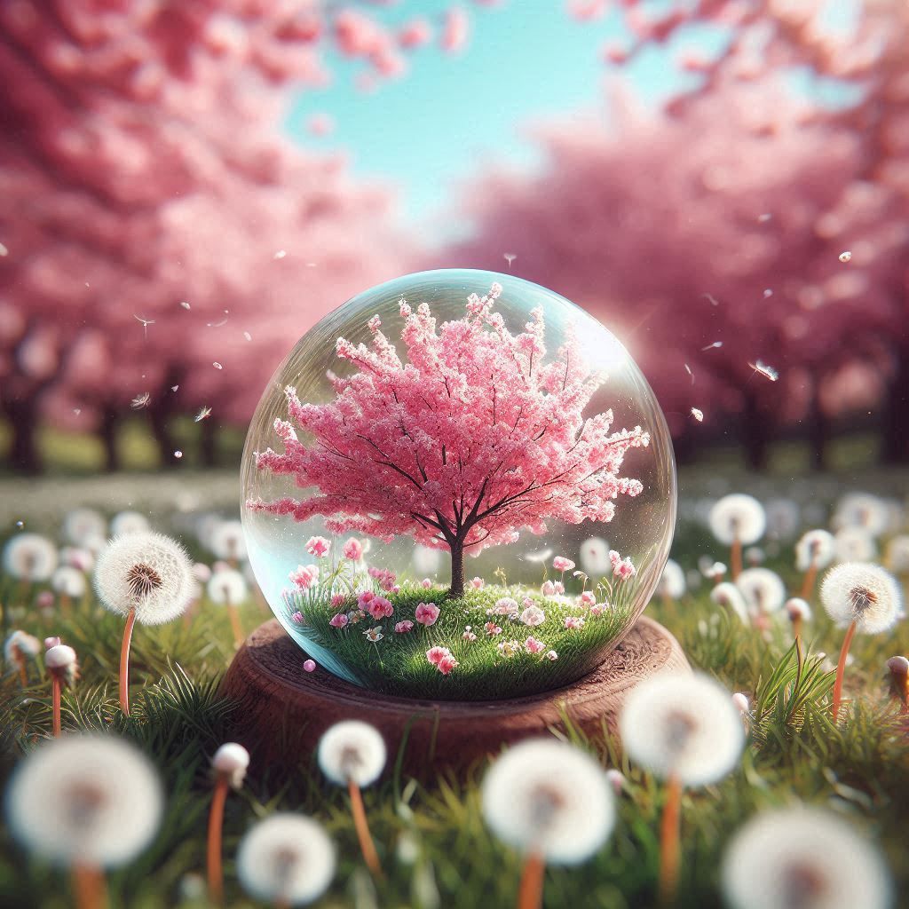 Una imagen de un paisaje con un cerezo en flor en miniatura....