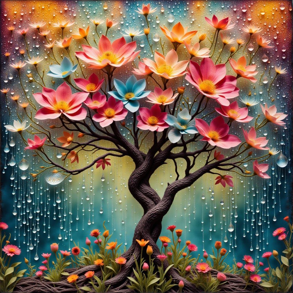 "surreal vivid fantastical blossoming tree with multi colored blossoms in a garden" a beautifully intricate and detailed (mixed media creati...
