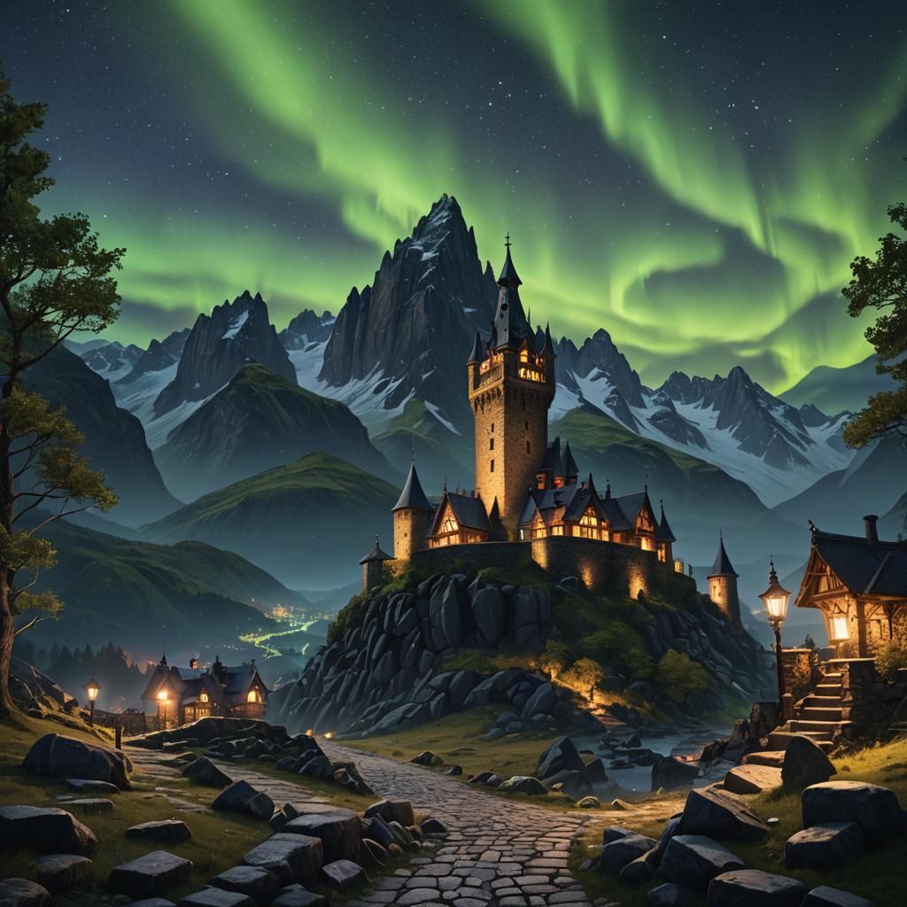 mountainscape with southern lights and an old cobblestone to...