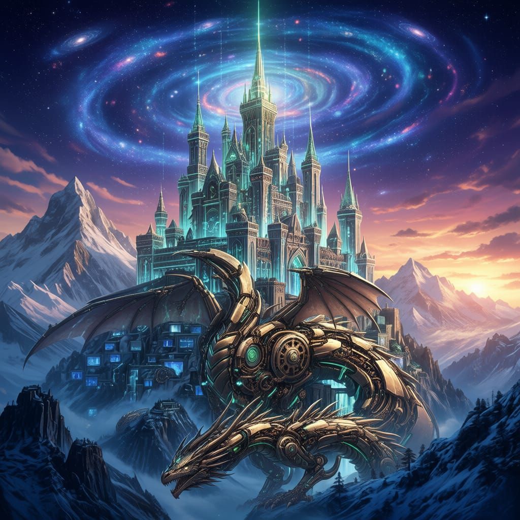 Masterpiece Monday. Anime art style. A breathtakingly detailed mechanical castle, its spires reaching into a swirling cosmic sky filled with...