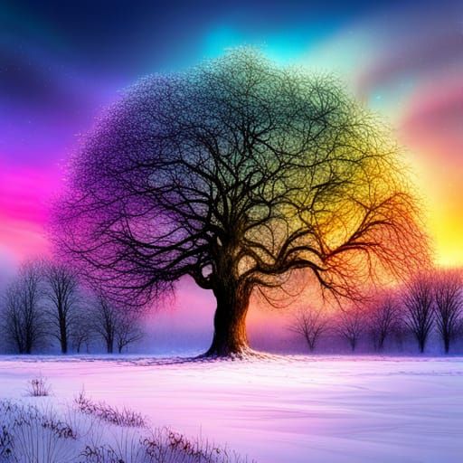 black winter tree with prismatic rainbow snowy iced branches dark sky ...