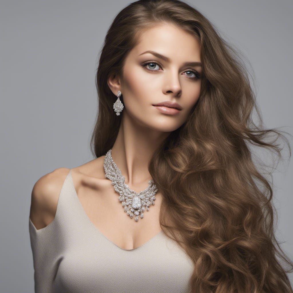 A beautiful woman wearing diamond jewelry, her shoulders and long hair ...