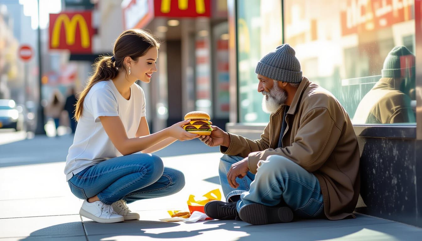a young woman wearing anew t-shirt and jeans handing a hamburger to a homeless man wearing torn and dirty ...  by @Ed Evans