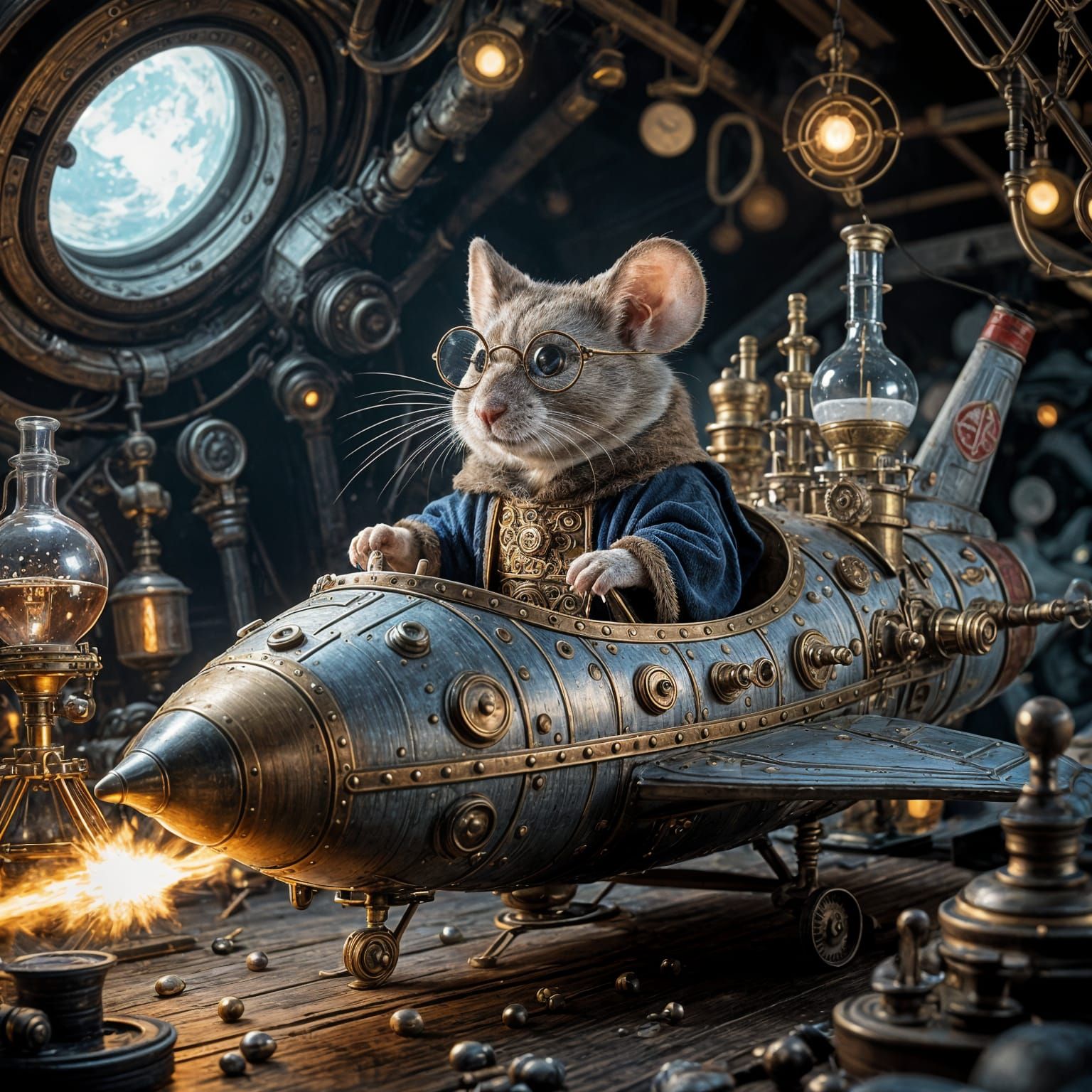 a wise old mouse wearing spectacles and a long, flowing robe, standing in a dimly lit, steampunk-inspired ...  by @Phil
