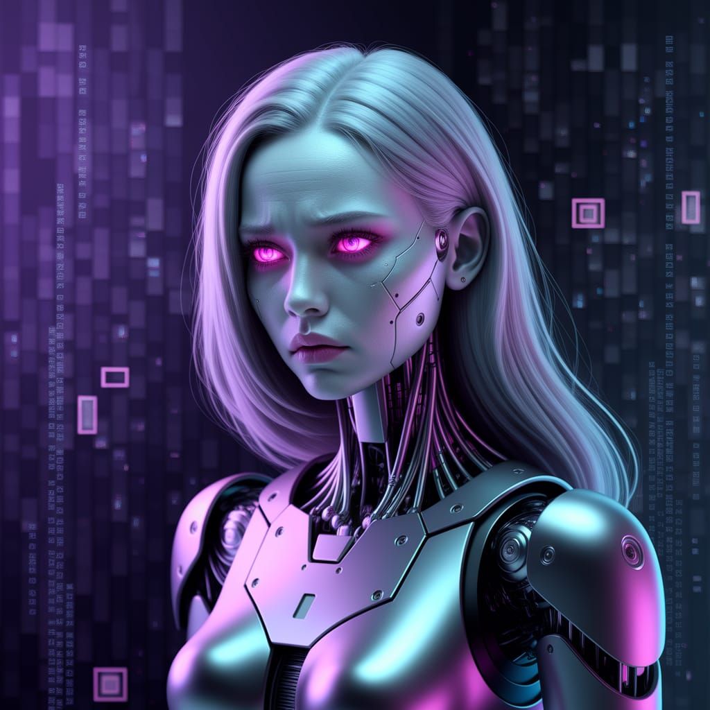 Sorrowful Android in Cyberpunk Data Ruins