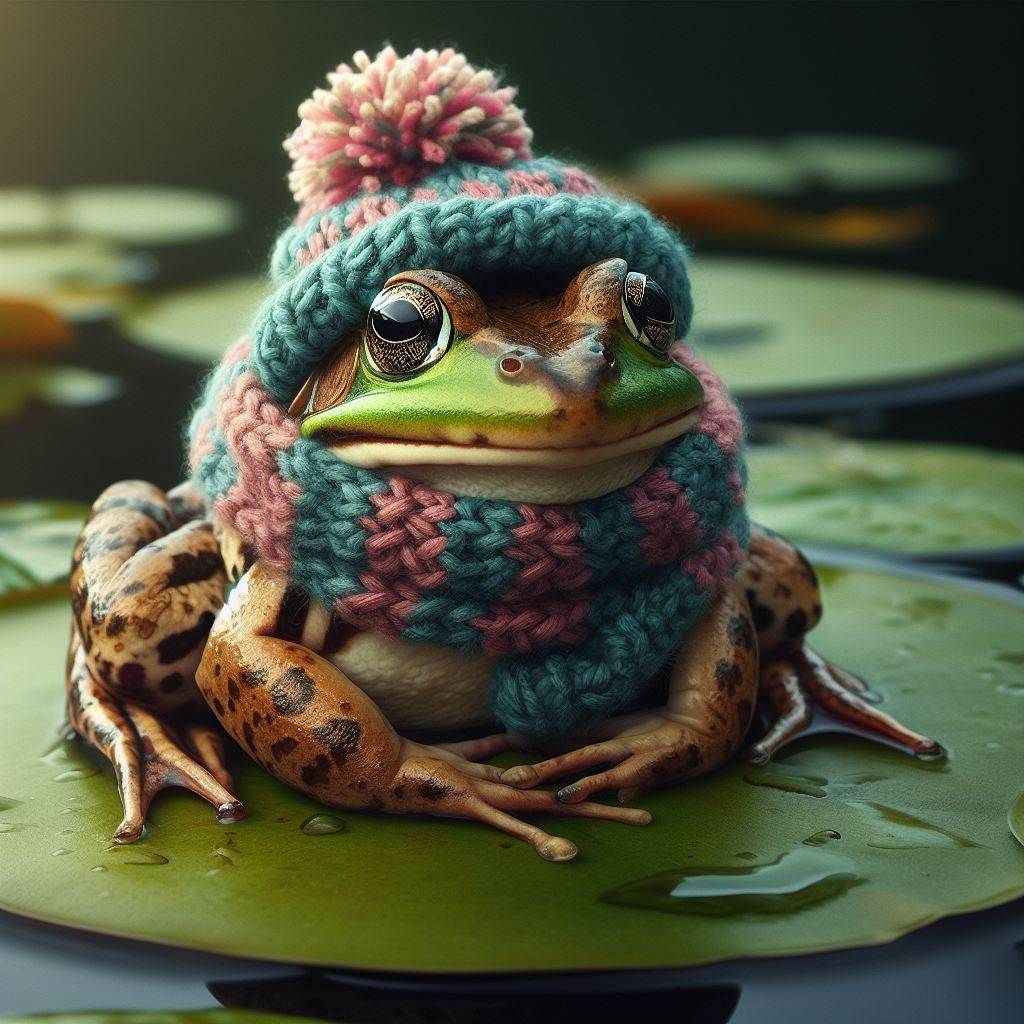 frog in knitted hat