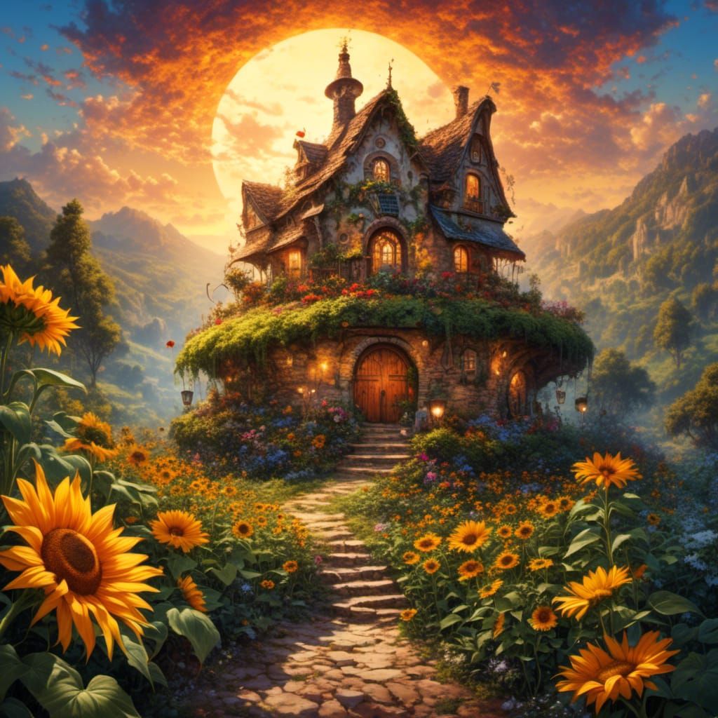 A village house with sunflowers garden