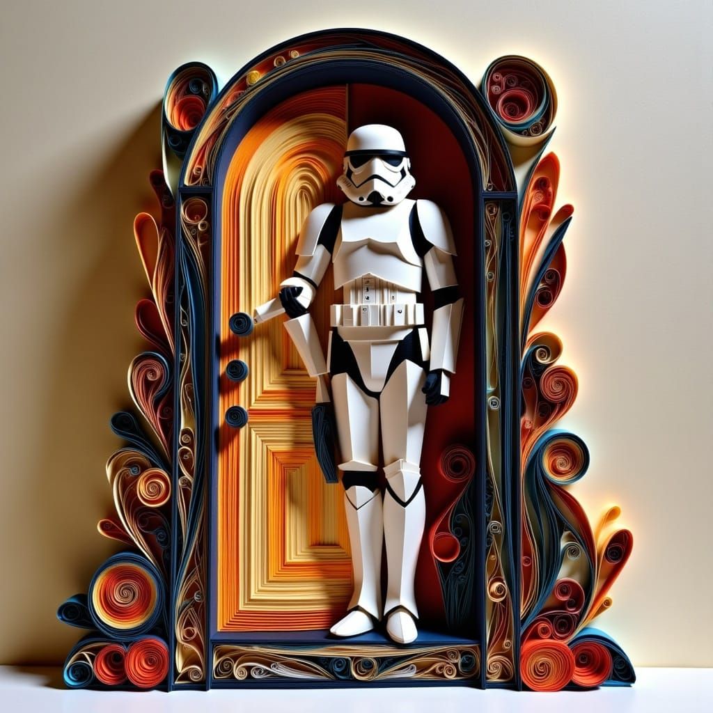 <lora:Quilling Flux:1.0> A stormtrooper by a door, quilling