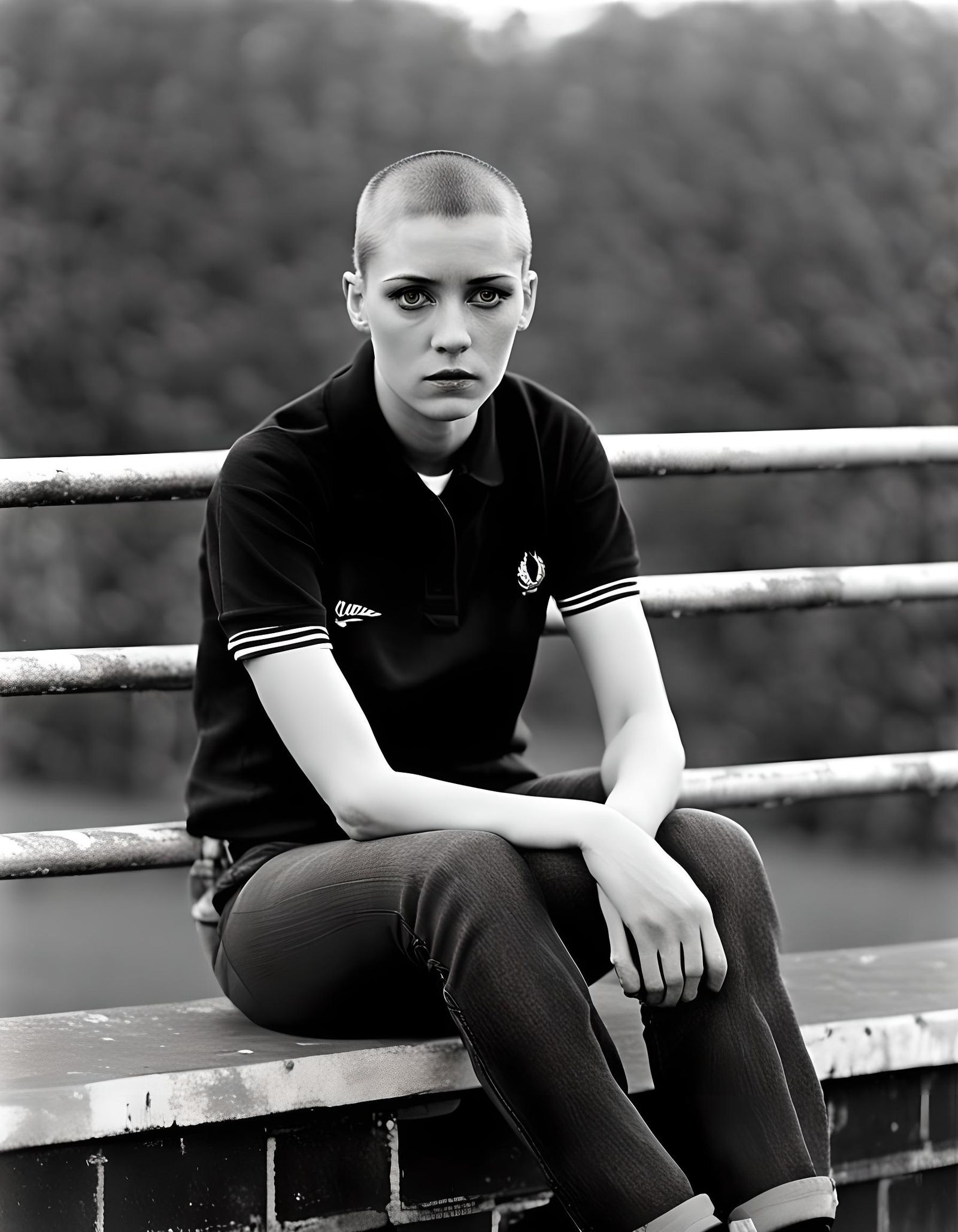 a skinhead woman sitting on a railing, a portrait, by Julia ...