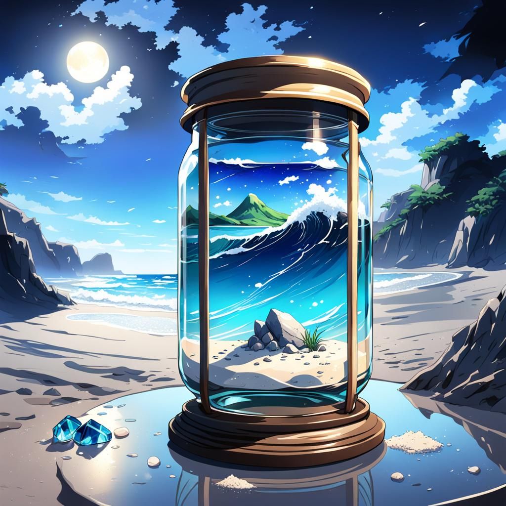 a glass jar sitting forgotten on a teenager's desk, inside i...