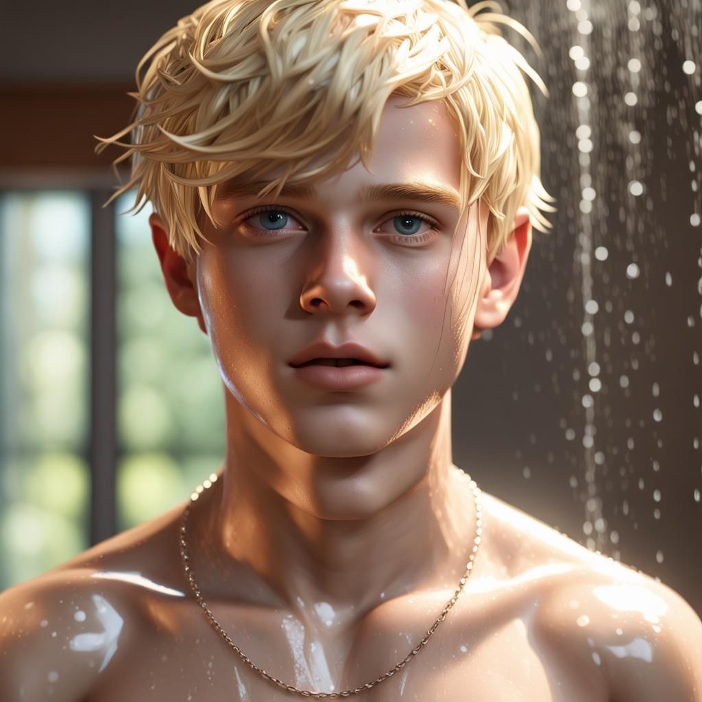 Take A Picture From Close Up Shirtless Blond Boy Adolescent Necklace At Shower Face Summer 3476