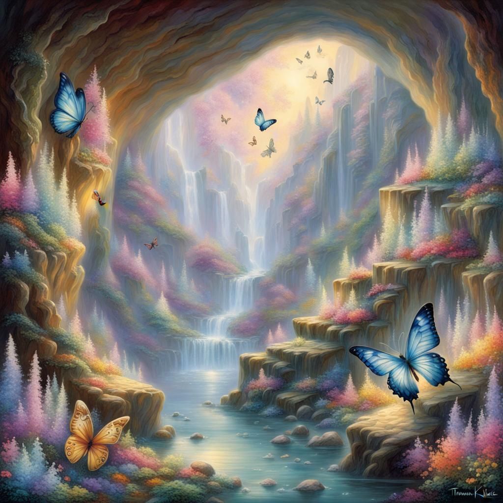 Cave filled with crystals of all colors and butterfly's
  by @Dragon Lord
