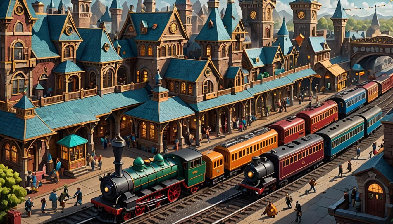 Create a bustling, whimsical train station within a beloved board game world, where colorful trains shaped ...  by @Kamonporn Manoprateeptham