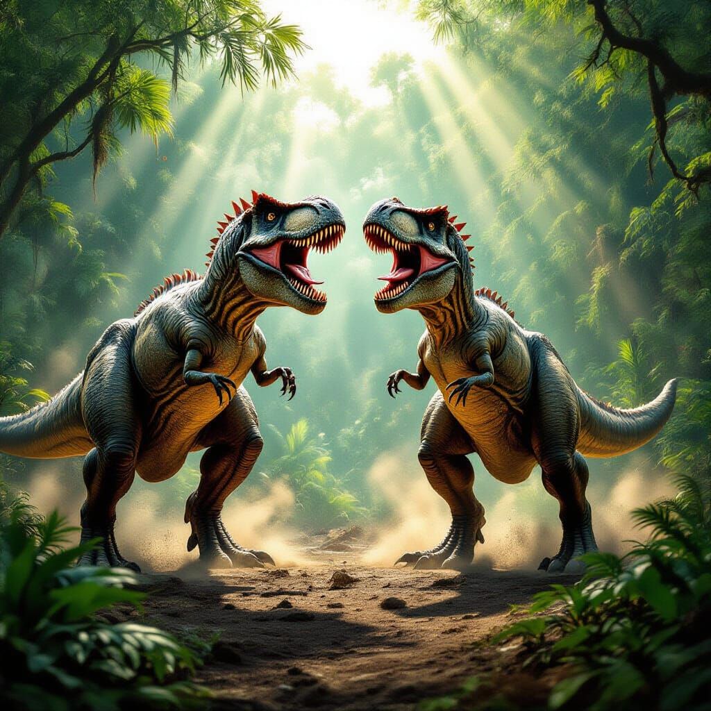 Tyrannosaurus Rex Battle in Prehistoric Jungle
