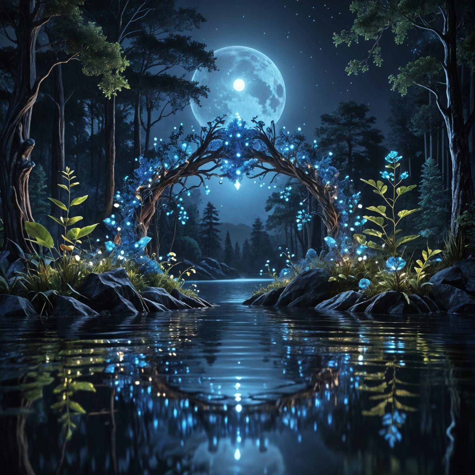 Glowing Sapphire Moonlight Tranquility on a Forest Lake