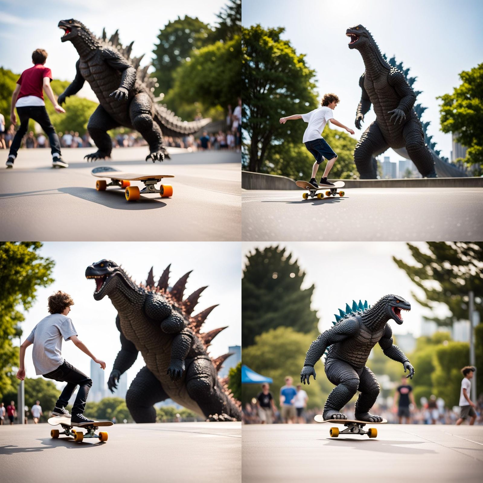 Teenager skateboarding towards Godzilla