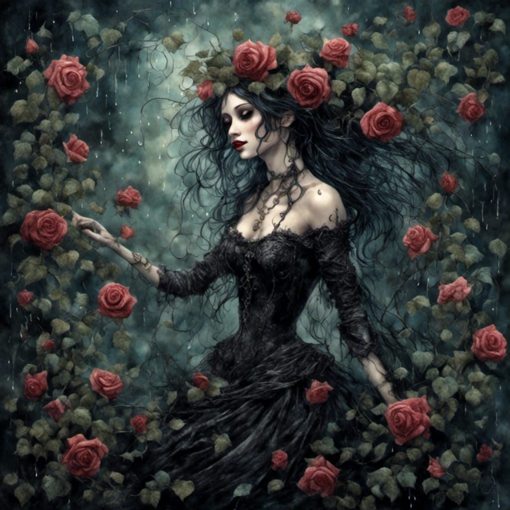A gothic woman covered in ivy and roses dancing in the rain - AI ...