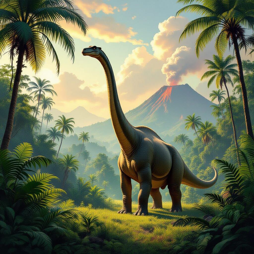 A lush, prehistoric jungle teeming with towering ferns, cycads, and primitive flowering plants under ...  by @utdes