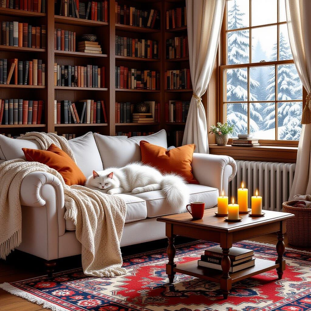 A cozy room lined with bookshelves full of books with a fluffy white couch in front of them with soft blankets and a sleeping cat. A colorfu...