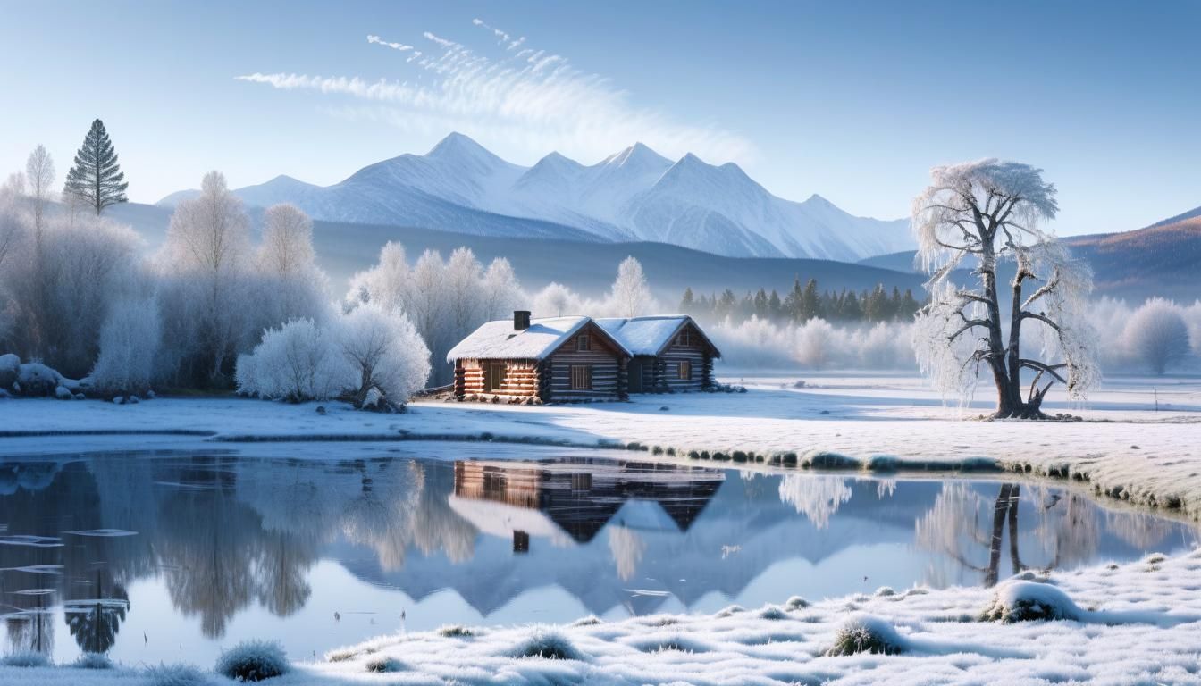 a high-resolution image of a winter landscape, as if captured with a DSLR camera. Show a serene, snow-covered meadow with a backdrop of snow...