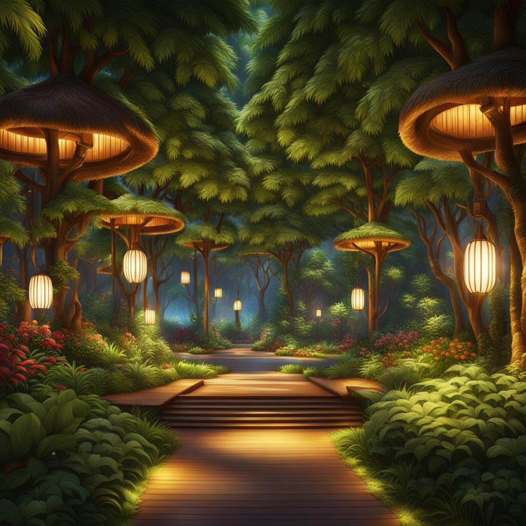 A forrest path full of greenery dynamic lighting hyperdetail...